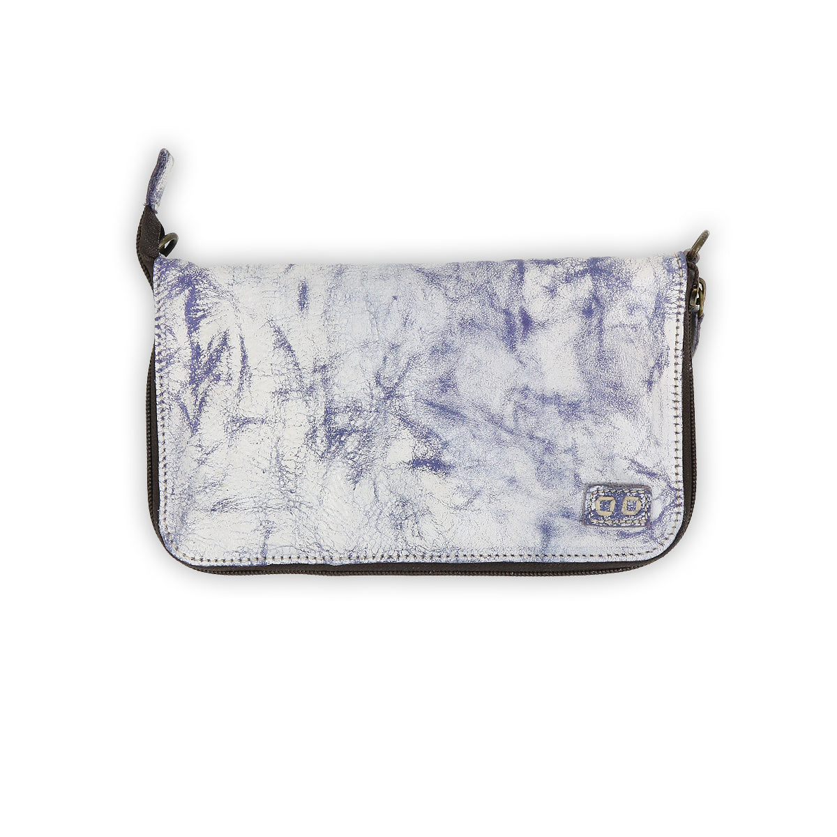 The Bed Stu Templeton II is a chic clutch purse with a marbled white and purple texture featuring a small logo patch on the lower right corner. Its versatile design allows it to transform easily into a stylish crossbody for any occasion.