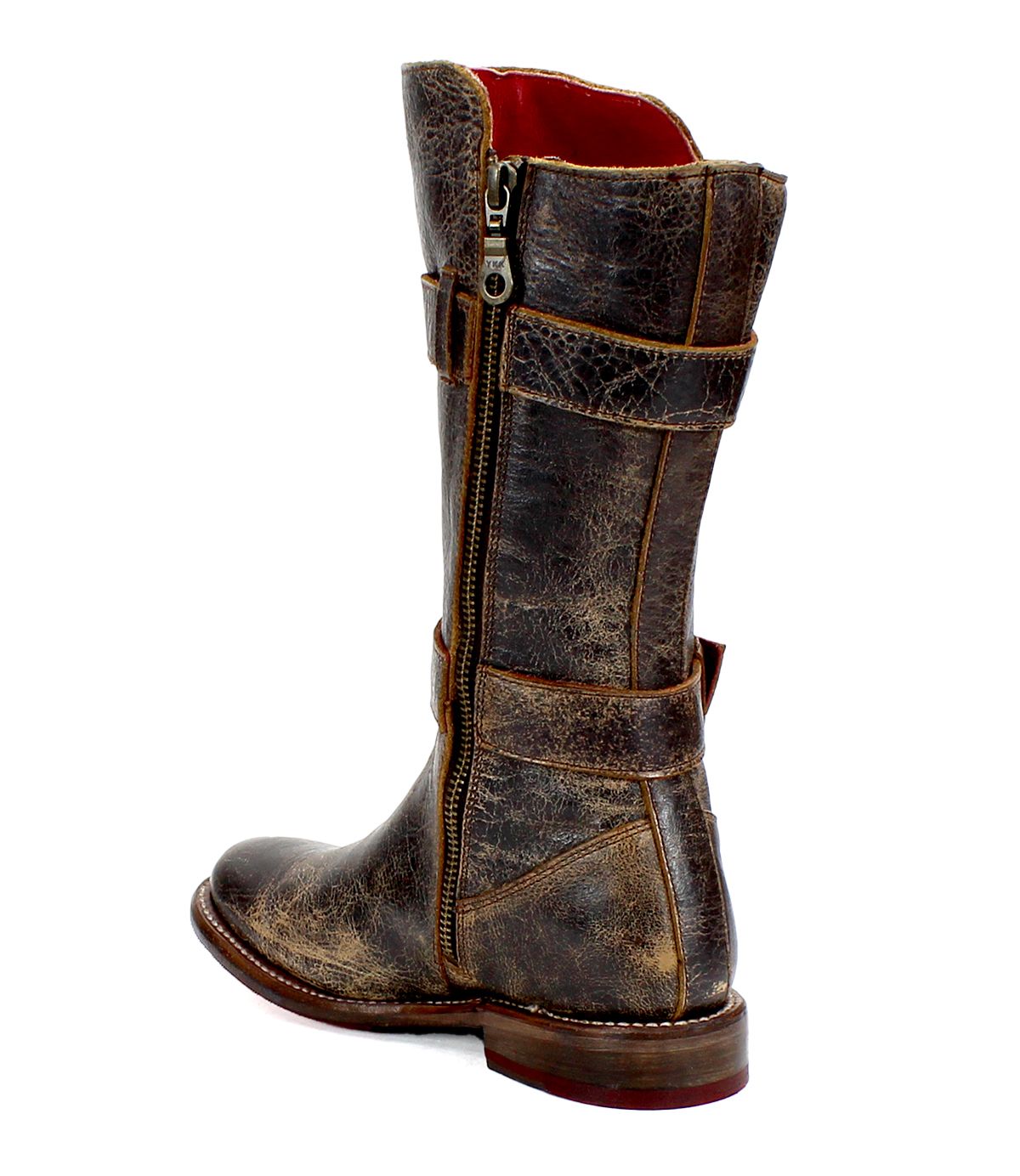 A single Turn distressed brown short leather boot by Bed Stu, featuring a side zipper, adjustable straps, and a low heel, viewed from an angle.