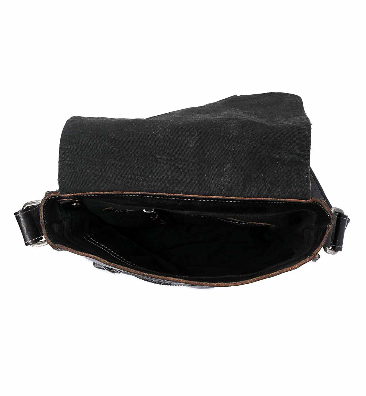 The inside of a Bed Stu Venice Beach black messenger bag.