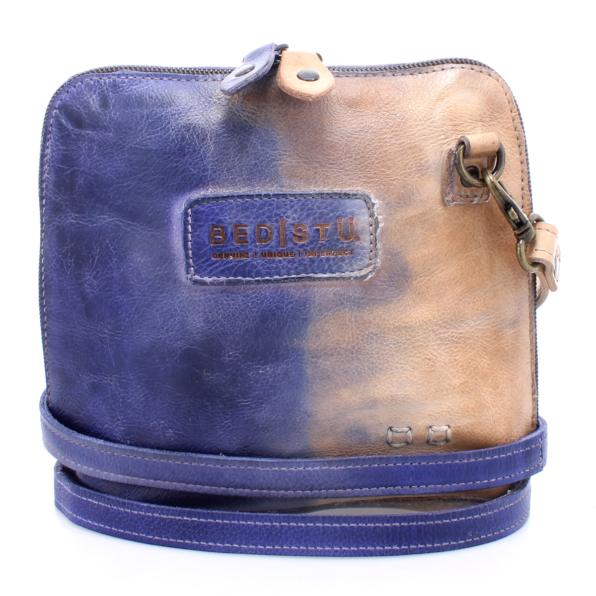 A blue leather Ventura cross body bag by Bed Stu perfect for a Saturday adventure.