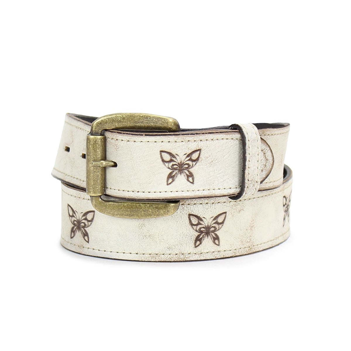 Introducing the Wander by Bed Stu, a white leather belt adorned with butterflies embossed along its length and featuring a brass buckle, offering a touch of whimsical charm.