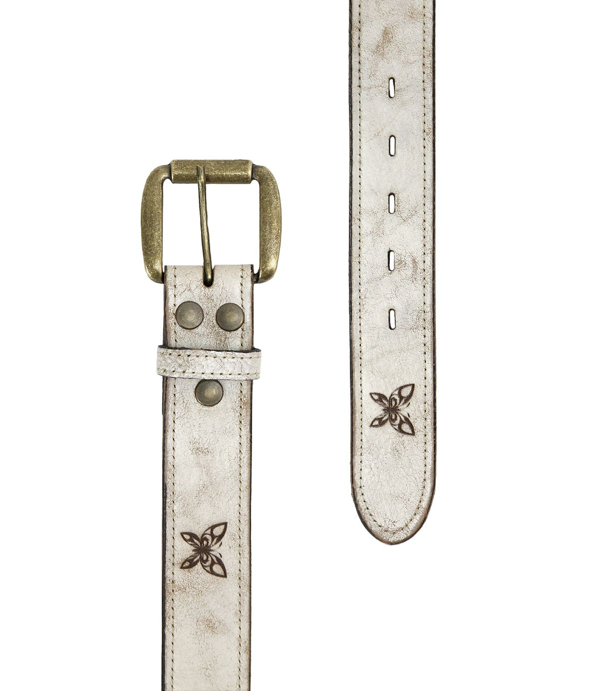 The Wander by Bed Stu is a white leather belt with a brass buckle and decorative stitching. This enchanting design includes multiple holes for adjustable sizing.